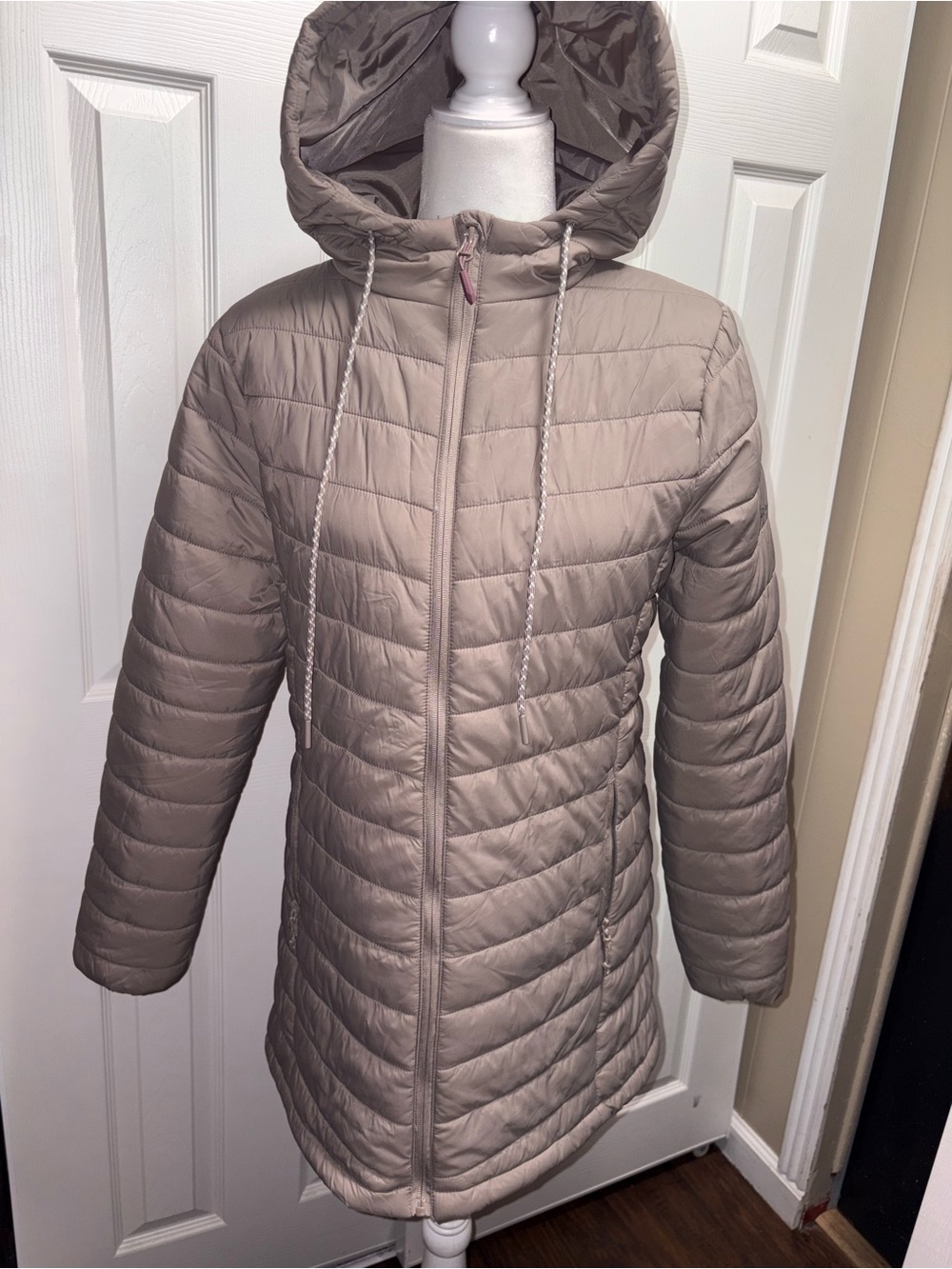 Eddie Bauer Taupe Quilted Hooded Long Puffer Coat